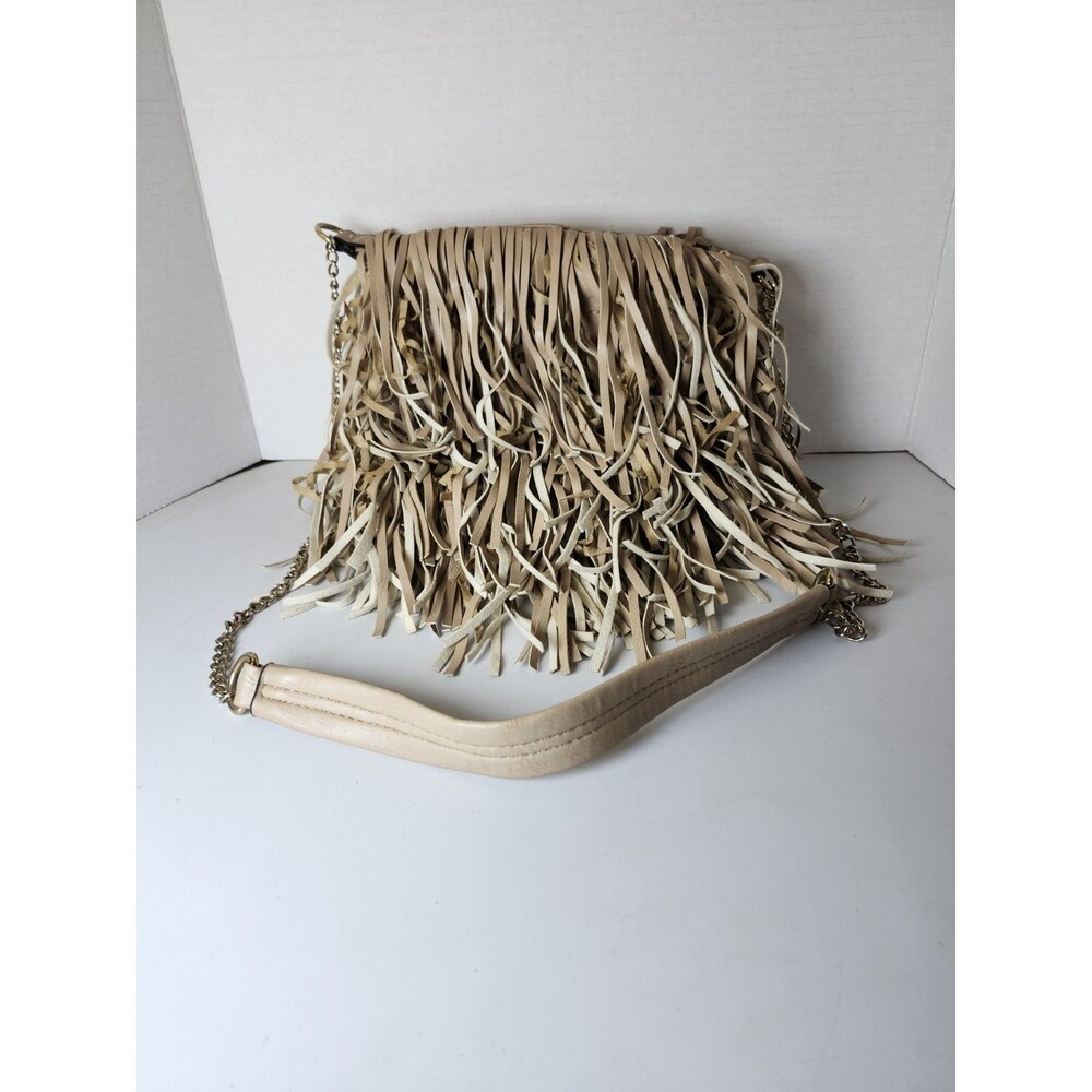Leather Yoki Fringe Bag Purse Linked Chain Shoulder Strap w/ Pad Crossbody